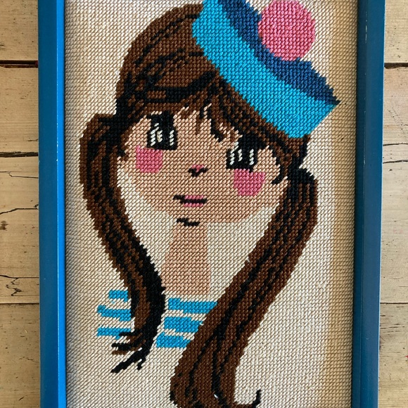 Vintage wood frame finished cross stitch needlepoint sailor girl 9.5 x 13.5 - Picture 2 of 4